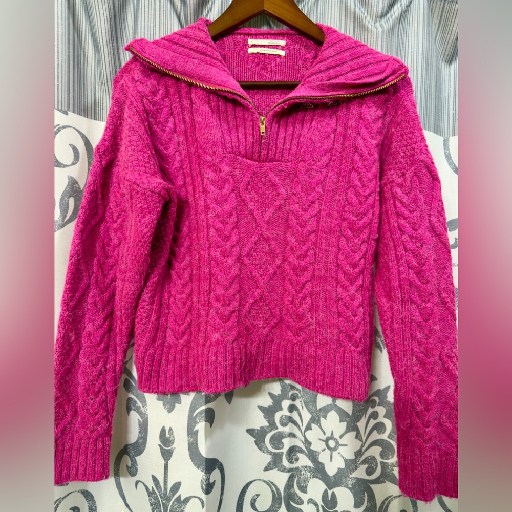 Anthropologie Payton Cable Knit Pullover Half Zip Fuchsia Pink Sweater Sz S EUC